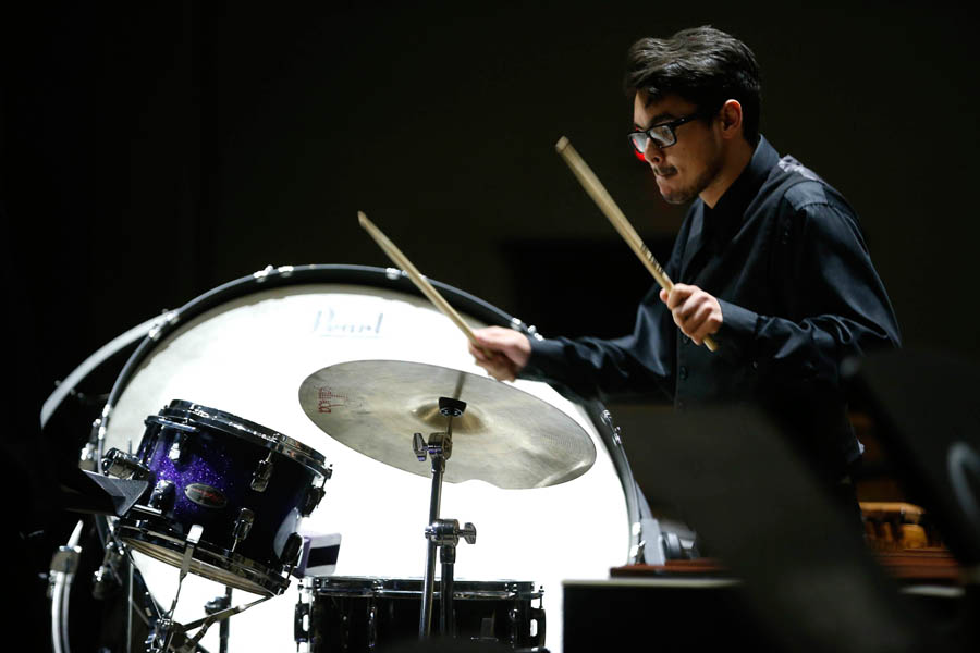 Thunderstruck percussion and guitar ensembles upbeat at first