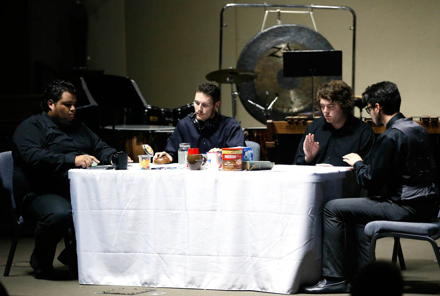 Thunderstruck percussion and guitar ensembles upbeat at first