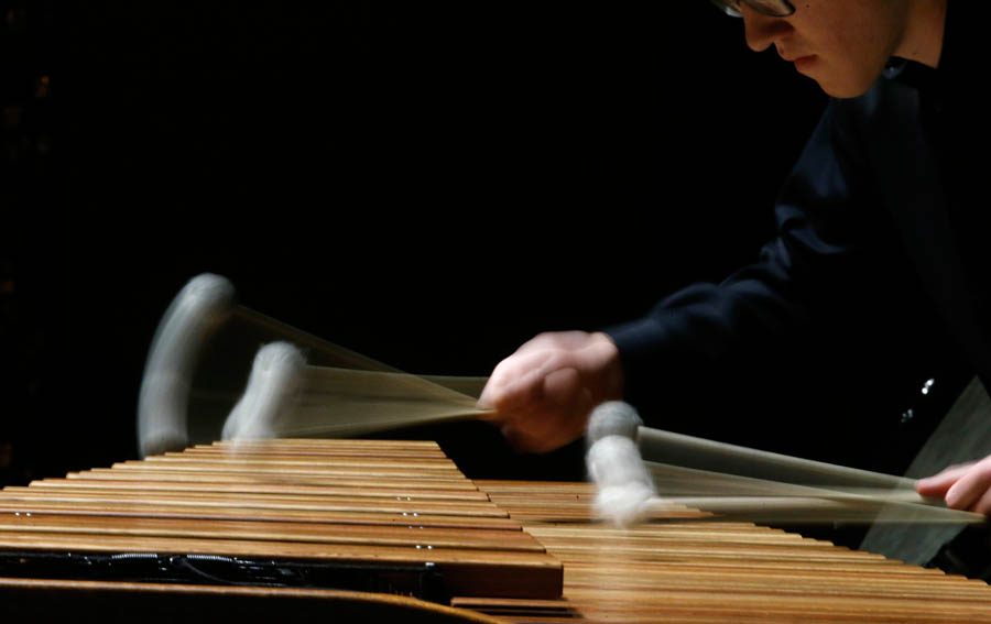 Thunderstruck percussion and guitar ensembles upbeat at first