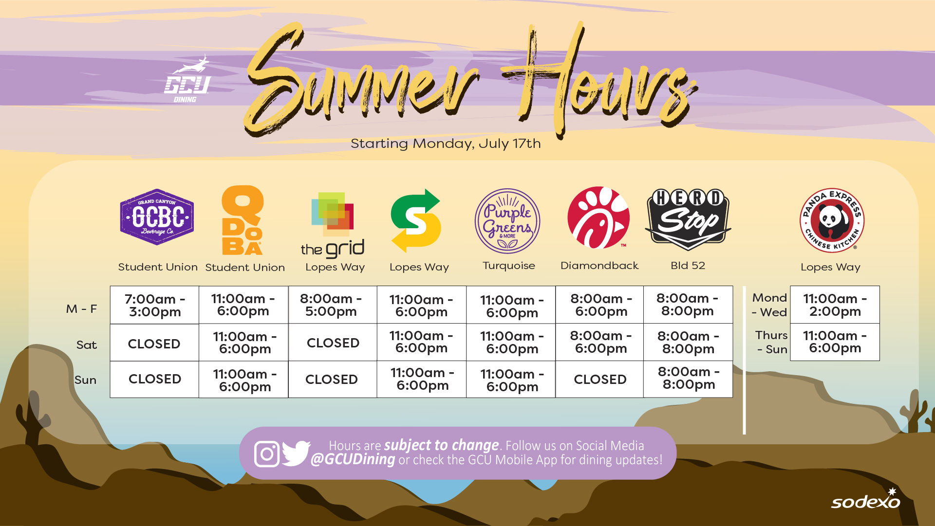 GCU Dining schedule starting July 17 GCU News