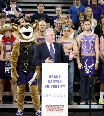Athletic Director Keith Baker addresses the crowd at GCU Arena during a press conference announcing that the Antelopes will move to Division I athletics in the Western Athletic Conference beginning in the 2013-14 school year.