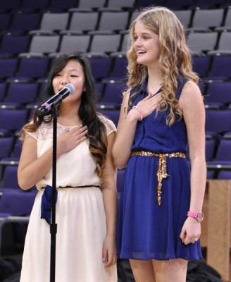 Erin Covert and Rachael Towns sang the national anthem in harmony at Monday's audition in GCU Arena. (Photo by Alexis Bolze)