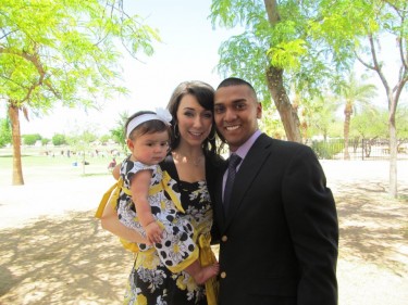 Samantha Bedore, a GCU pre-physical therapy major, and daughter Karissa, now 2, joined Jason last year when he received the Purple Heart. (Photo courtesy of Bedore family/Home Depot Foundation)