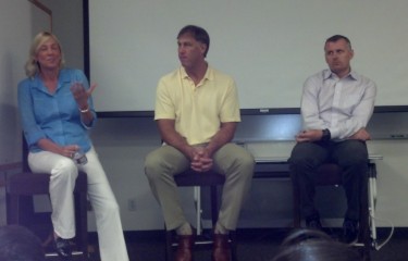 Sarunas Marciulionis (center) and NBA executives Kim Bohuny (left) and Brooks Meek answer questions after the "The Other Dream Team" documentary was shown.