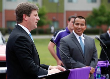 Phoenix Mayor Greg Stanton (left) and Councilman Daniel Valenzuela speak during Friday's campus event.