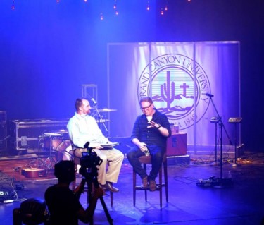 GCU officially launched the Center for Worship Arts on Tuesday with (left) Dr. Jason Hiles, dean of the College of Theology, and MercyMe lead singer Bart Millard, who will direct the Center.