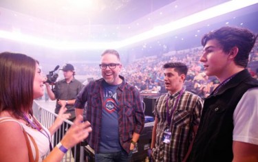 Mercy Me founder and lead singer Bart Millard, director of GCU's Center for Worship Arts, greets students in the new degree program before Saturday's Switchfoot concert in GCU Arena. 