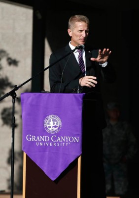 Dr. Randy Gibb, dean of the College of Business and a retired U.S. Air Force Colonel, addressed  Thursday's crowd on the Quad. 