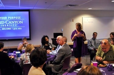 Dr. Kimberly LaPrade, dean of GCU’s College of Education, discussed the Lopes Leap to Teach Initiative with Arizona K-12 school leaders Wednesday on campus. (Photo by Alexis Bolze)