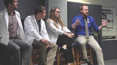 Dr. Ben Ihms, a GCU premed alumnus, speaks to students during GCU Day at Midwestern University about his experiences at both universities prior to becoming a resident osteopathic physician at Mountain Vista Medical Center in Mesa. (Photo by Tyler McDonald) 