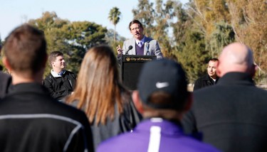 GCU President and CEO Brian Mueller speaks Friday at a groundbreaking to mark the University's redesign of Maryvale Golf Course in west Phoenix. 