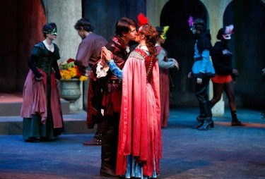 Romeo, played by GCU freshman Trevor Penzone, and Juliet, played by veteran senior Joy Flatz, share a kiss during the College of Fine Arts and Production's performance of the popular Shakespeare work, which opens Friday in Ethington Theatre. 