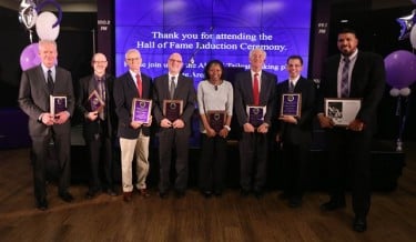 The eight inductees into the GCU Alumni Hall of Fame: Dr. Stephen Hall, Dr. James White, Calvin Baker, Dr. Timothy Sieges, Maggie Kigen, Mitchell Laird, Michael Kary and Horacio Llamas Grey.