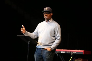 Pastor Christopher Brooks of Evangel Ministries in Detroit led the first Chapel after spring break. (Photo by Darryl Webb) 