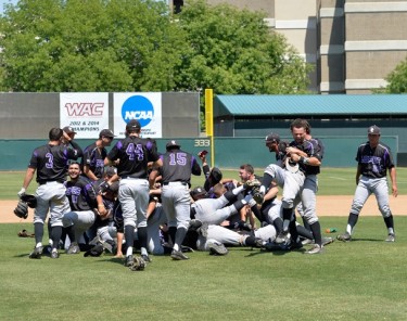 GCU baseball players dogpile on the mound after their title-clinching victory Saturday.