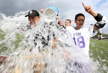 GCU lacrosse coach Manny Rapkin is doused with Gatorade after the Lopes won the MCLA national title. (Photo by Darryl Webb)