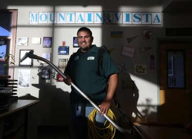 Zenon Castro poses with his "Ghostbuster's vacuum" at Mountain Vista Elementary. 