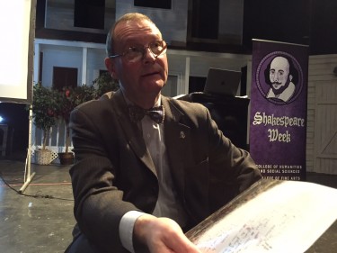 Dr. Paul Hartle, a Shakespeare expert, speaks to students during GCU's Shakespeare Week.