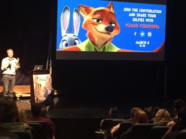 Producer Clark Spencer talks to students at Ethington Theatre about Zootopia. 