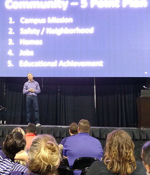 GCU President Brian Mueller speaks to the all-employee meeting Friday.