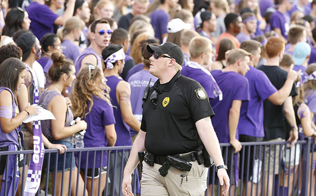 Campus police provide security at athletic events.