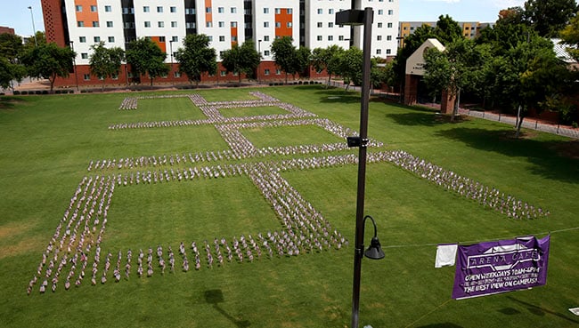 Flags were arranged on the Quad in the shape of 2,996, the number of people who died in the Sept. 11, 2001, terrorist attacks. (Photo by Darryl Webb)
