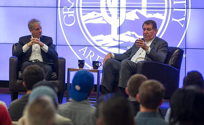 Fox-10 sports anchor Jude LaCava (left) does a Q-and-A with Jerry Colangelo before a big crowd Thursday night in the Student Union. (Photo by Darryl Webb)