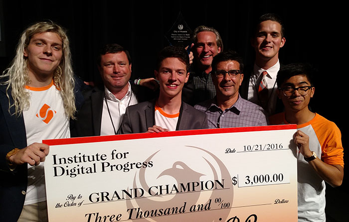 The four GCU students who won the 2016 Phoenix Smart City Hack pose with their three mentors. Front row, from left: Jedidiah Woods, Tim Kelley, Josh McGuire, Jon Ruybalid and Luke Amargo. Back row, from left: Paul Waterman and Braeden Scheer.