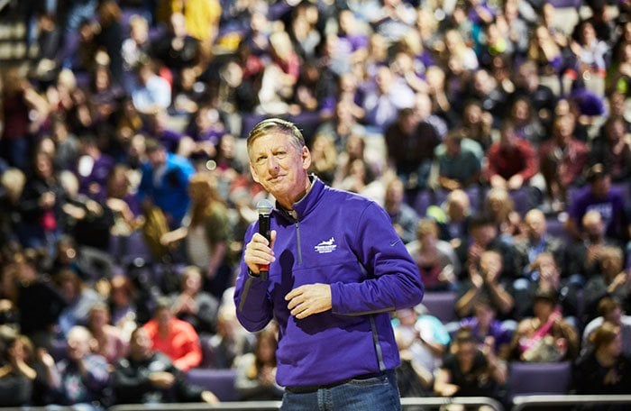 GCU President Brian Mueller addresses the all-employee meeting Friday at GCU Arena. (Photo by 