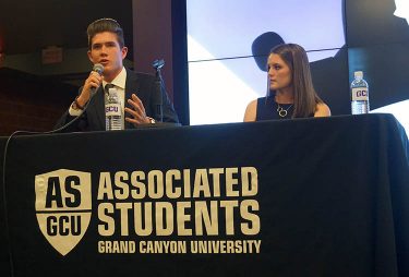 Vice presidential candidate Colson Franse (left) and Sydnee Akers, running for ASGCU president, emphasized their experience in student government during the debate Monday night.