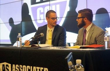 Nathan Carpenter (left) and vice presidential running mate Matt Shinn told the audience at the ASGCU debate that they have learned a lot from being residence hall leaders.