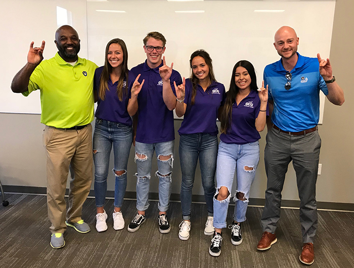 From left: Thad McGrew, MBBC Senior Manager of Multicultural Marketing; Student LEADs Sabrina Denham, Peter Hegland, Haylee Sholz and Sara Rojas; and Andrew Daugherty, General Manager, Maryvale Baseball Park