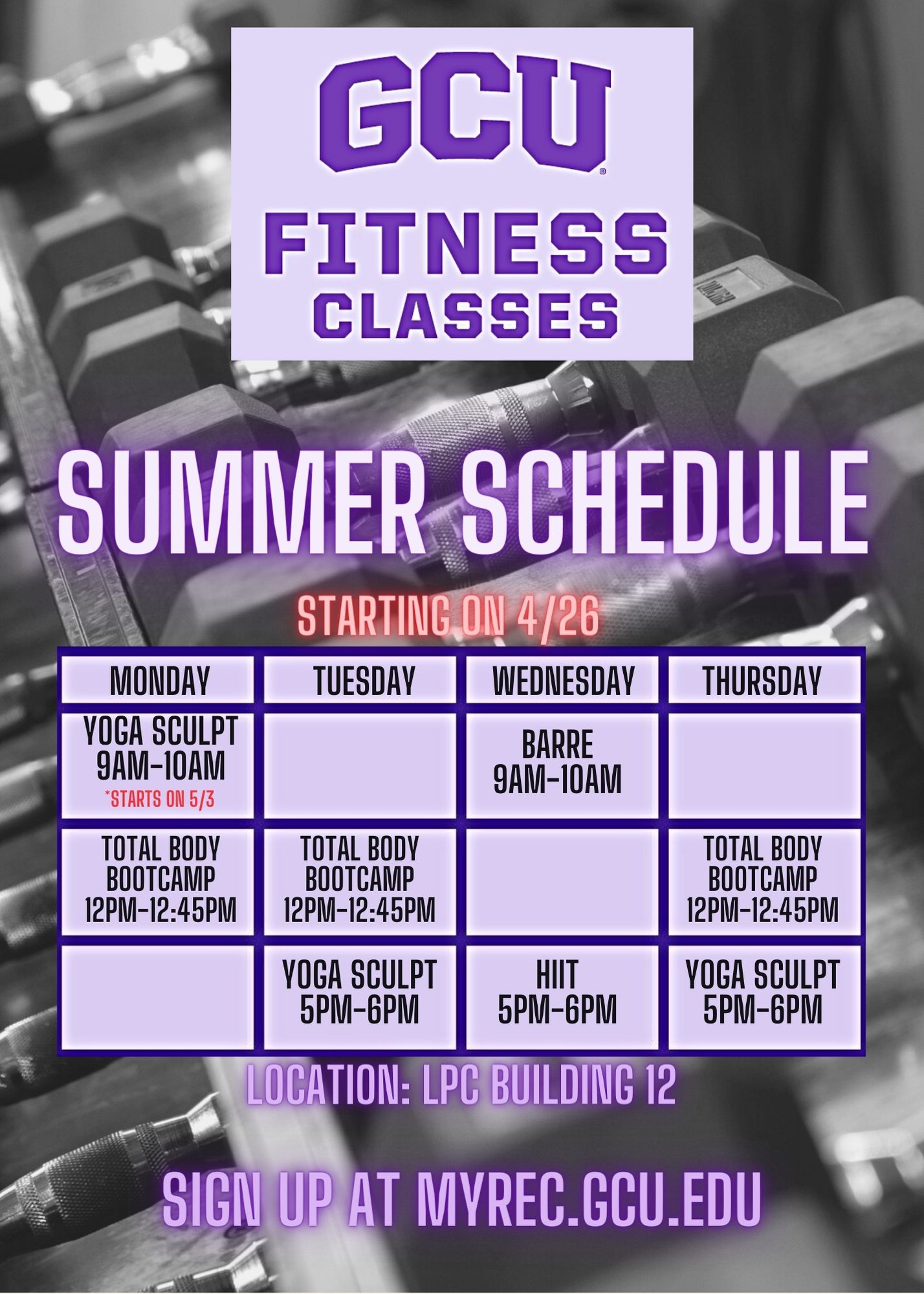 Summer fitness class schedule GCU Today